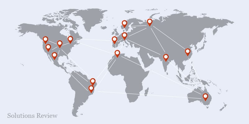 Diagram of distributed team spread out across the world